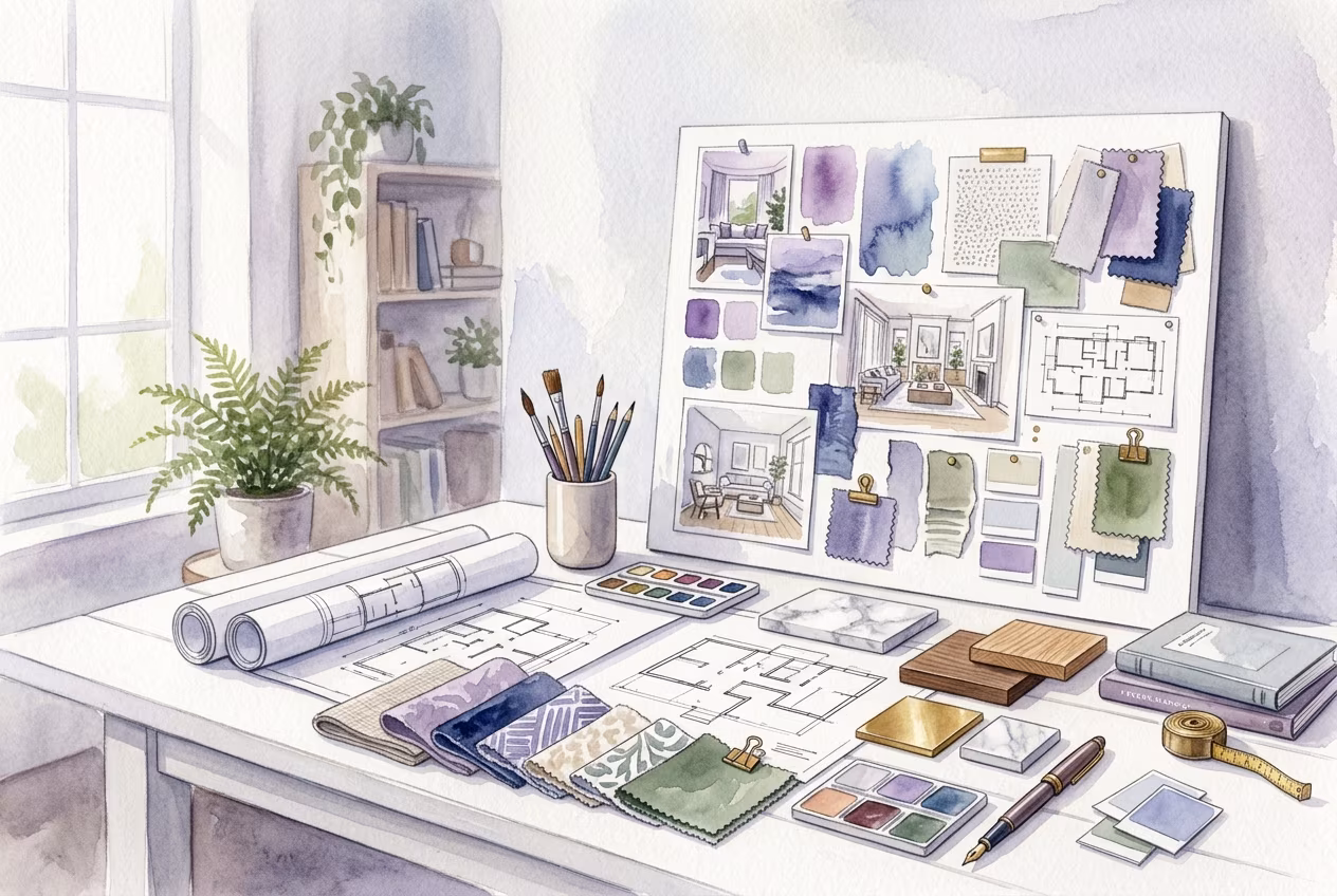 Рабочий процесс дизайнера интерьера с мудбордом и материалами курсы дизайнера интерьера