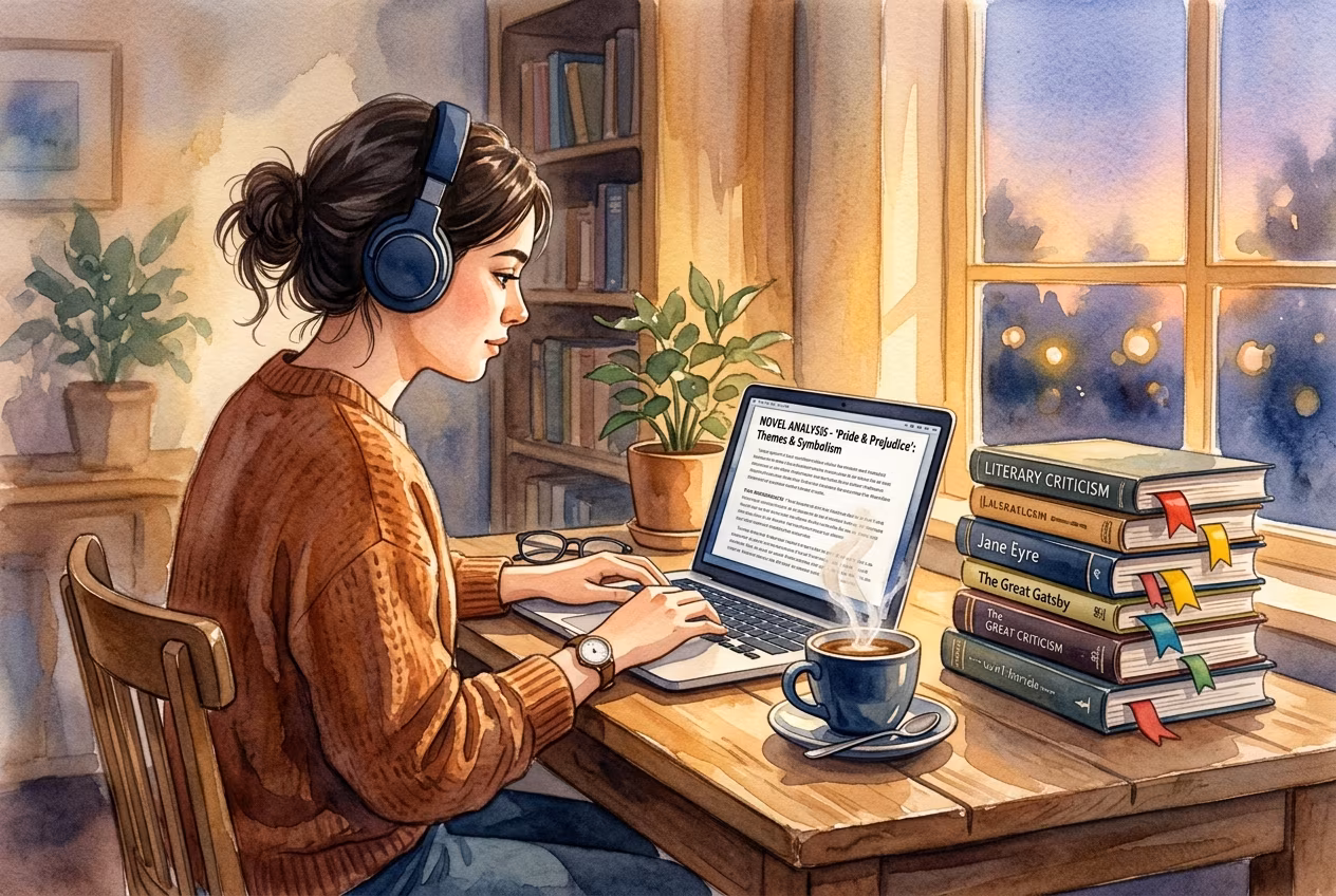 Студент в наушниках за ноутбуком изучает литературный разбор с книгами и кофе