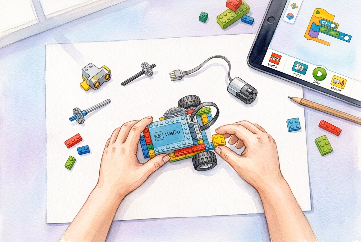Детские руки собирают конструктор Lego WeDo с датчиками на столе при дневном свете