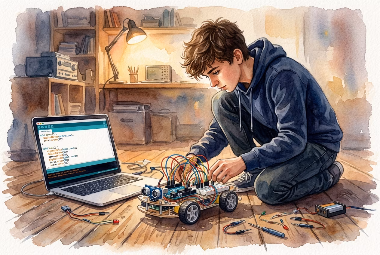 Подросток тестирует робота-машинку с Arduino на полу рядом с ноутбуком и проводами