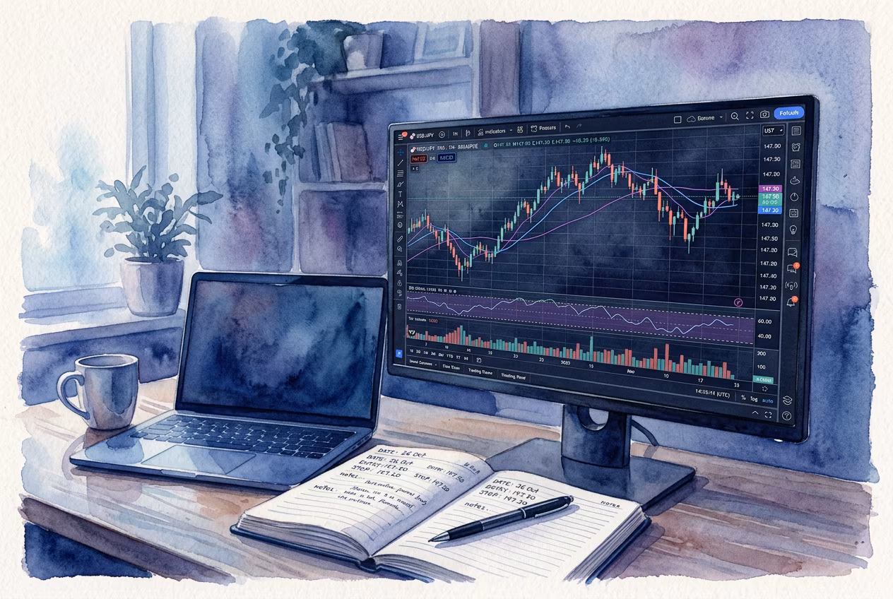 Монитор с графиками TradingView и торговый дневник на рабочем столе трейдера