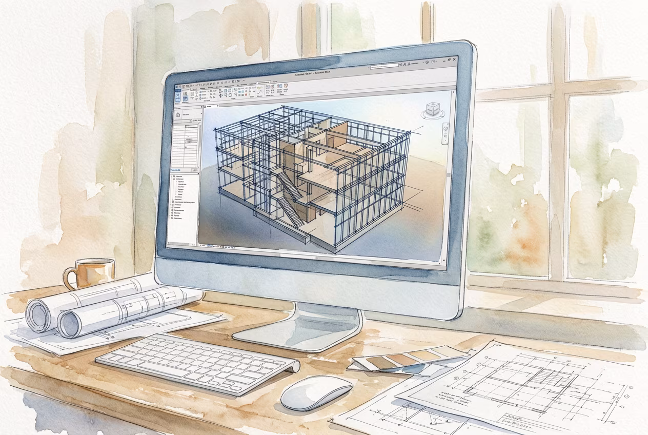Монитор с 3D-моделью здания в Revit на рабочем столе архитектора с чертежами
