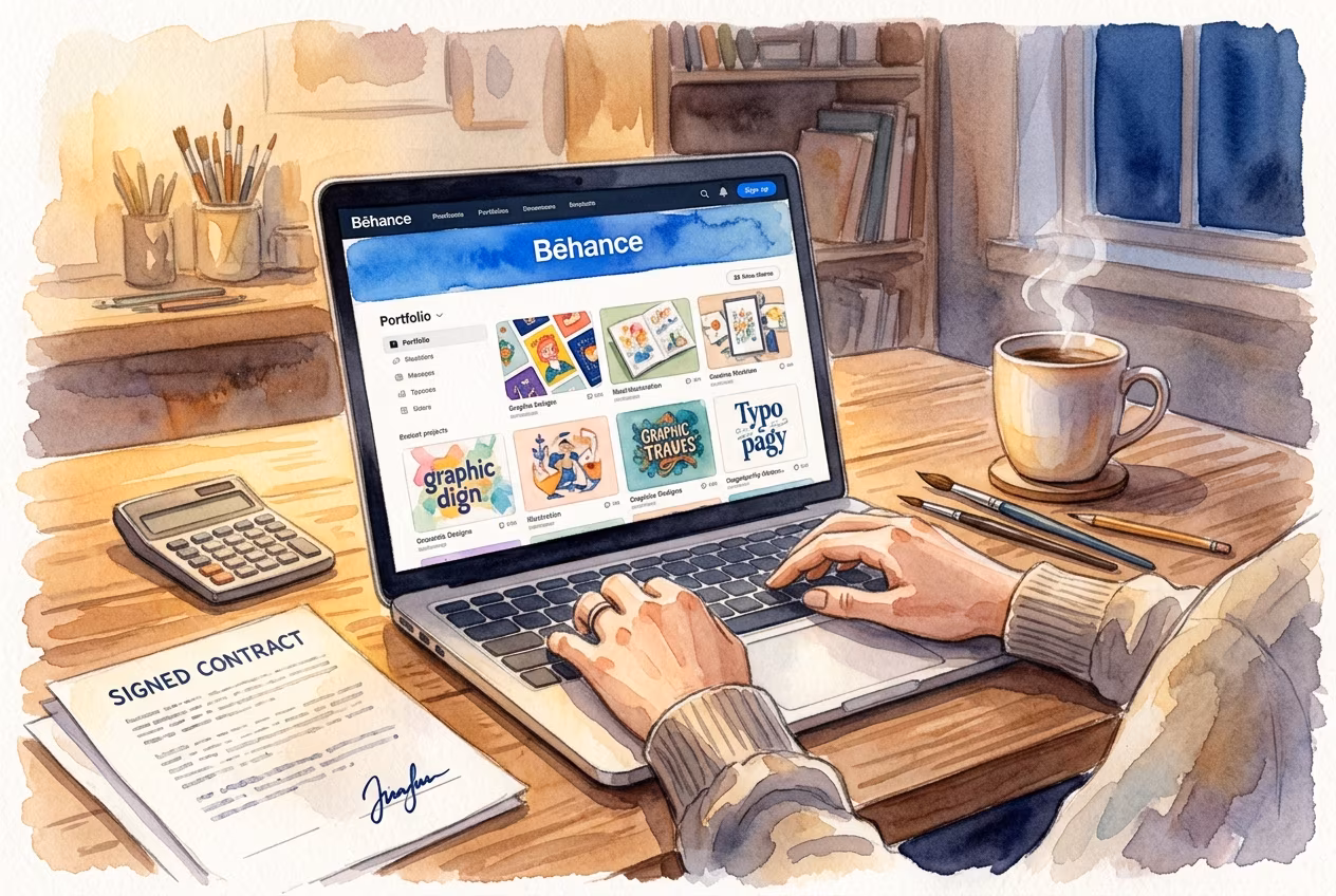 Руки иллюстратора за ноутбуком с портфолио Behance, контракт и калькулятор на столе