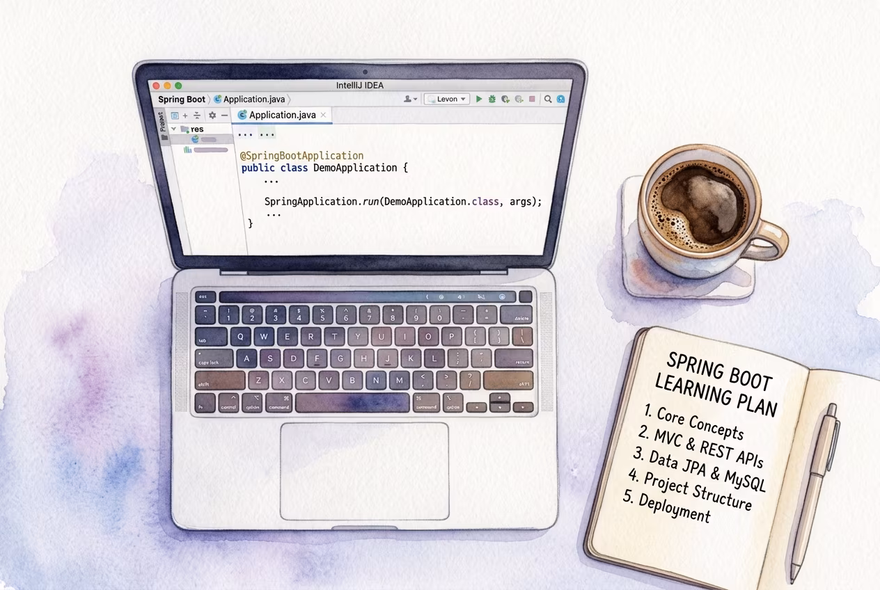 Ноутбук с IntelliJ IDEA и кодом Spring Boot рядом с кофе и блокнотом на рабочем столе
