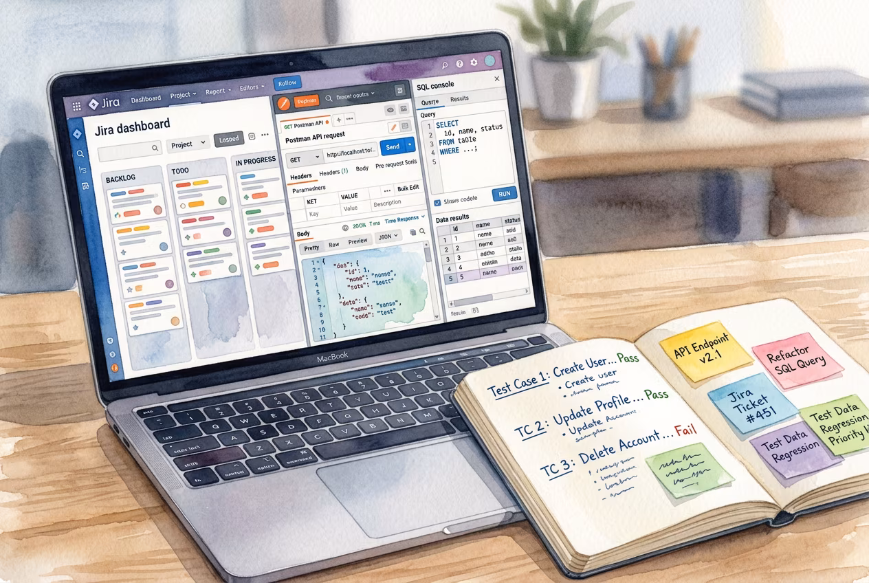 Ноутбук с интерфейсами тестирования Jira и Postman, блокнот со стикерами на рабочем столе QA-специалиста