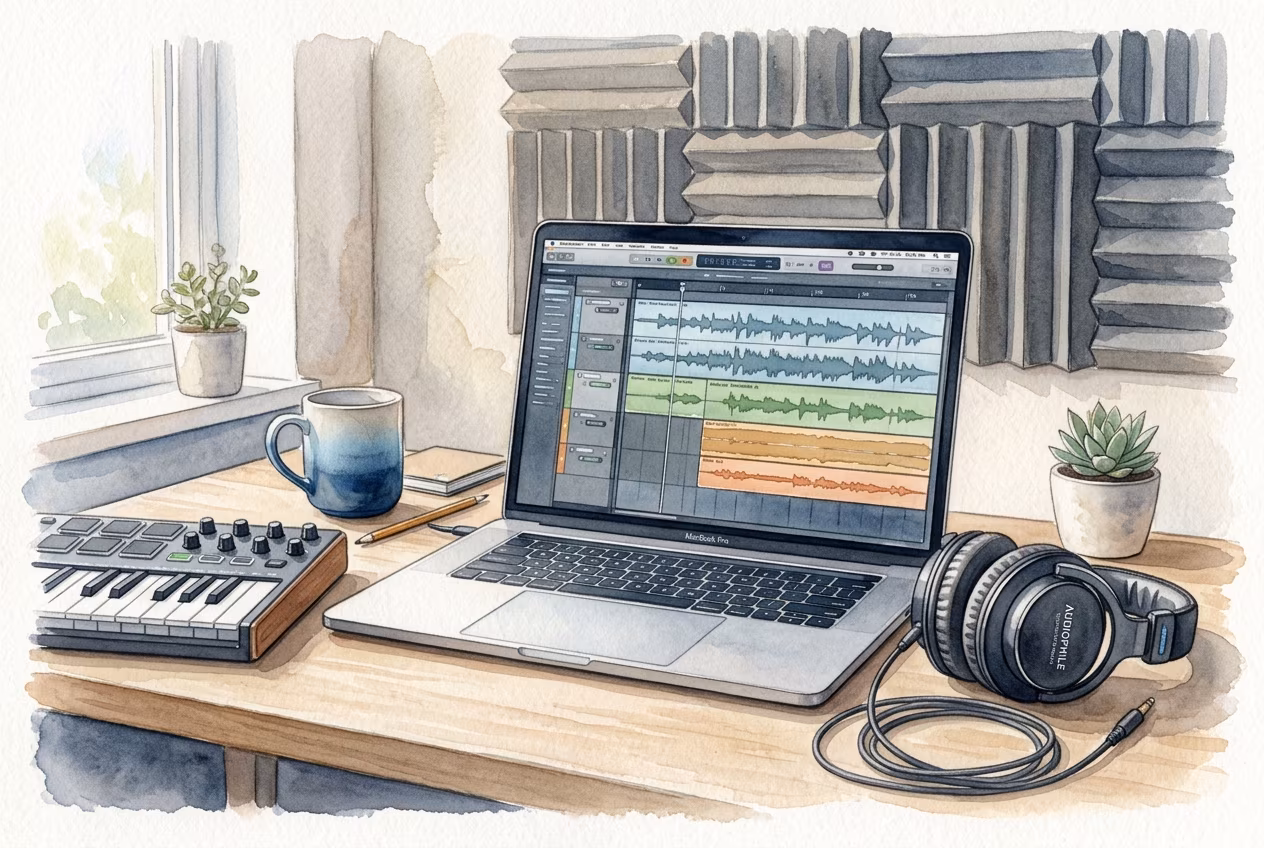 Ноутбук с аудиоредактором, наушники и MIDI-клавиатура на домашнем рабочем столе звукорежиссёра